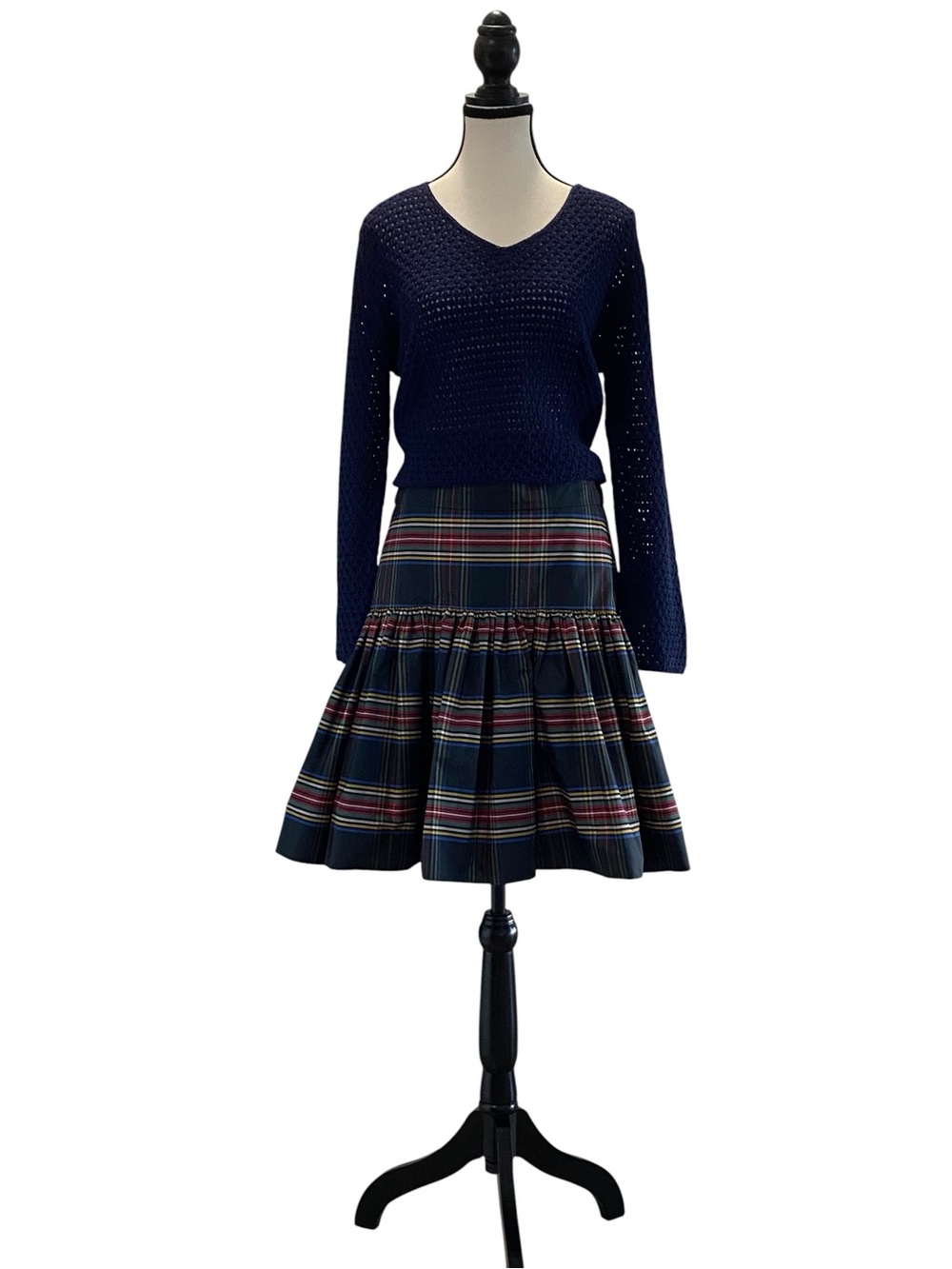 J. Crew Navy Multi-Color Plaid Tiered Skirt, taffeta Size 4